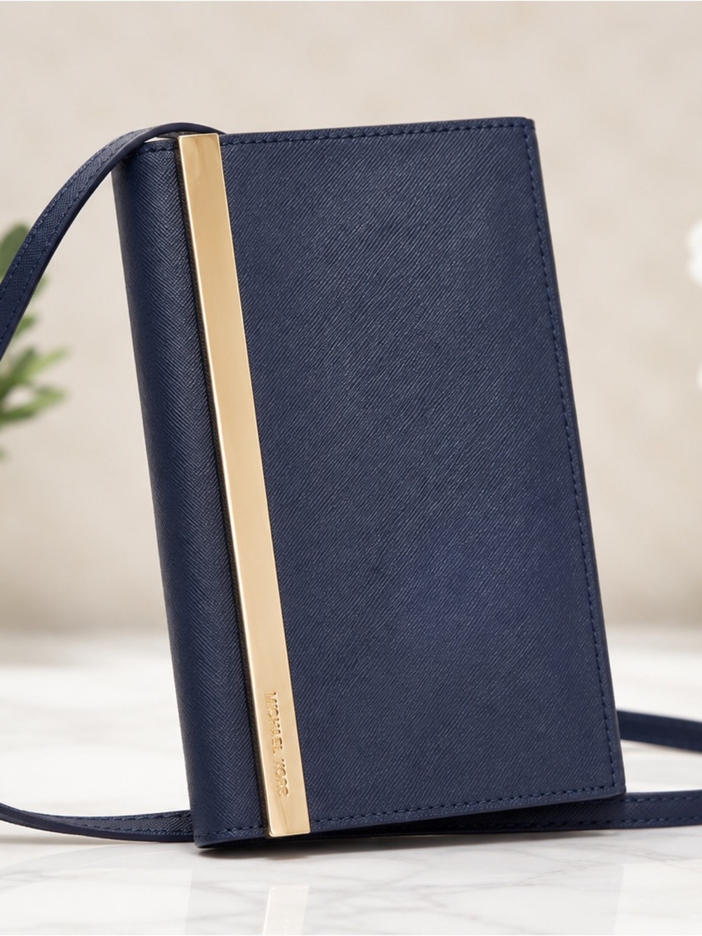Michael Kors Navy Clutch with Gold Bar Accent